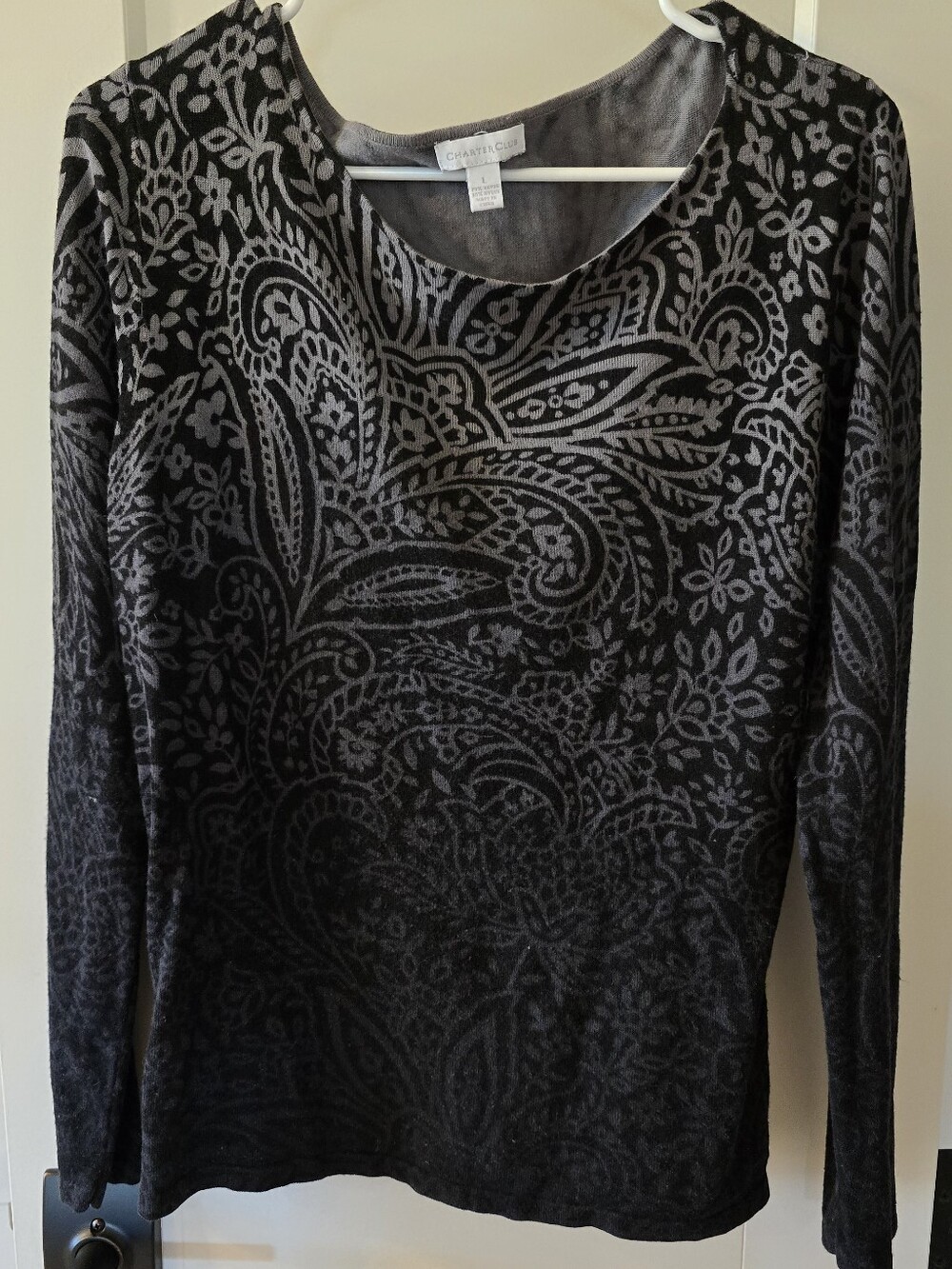 Charter Club Women's Black & Charcoal Ombre Paisley Long-Sleeve Sweater Size L - Picture 2 of 5